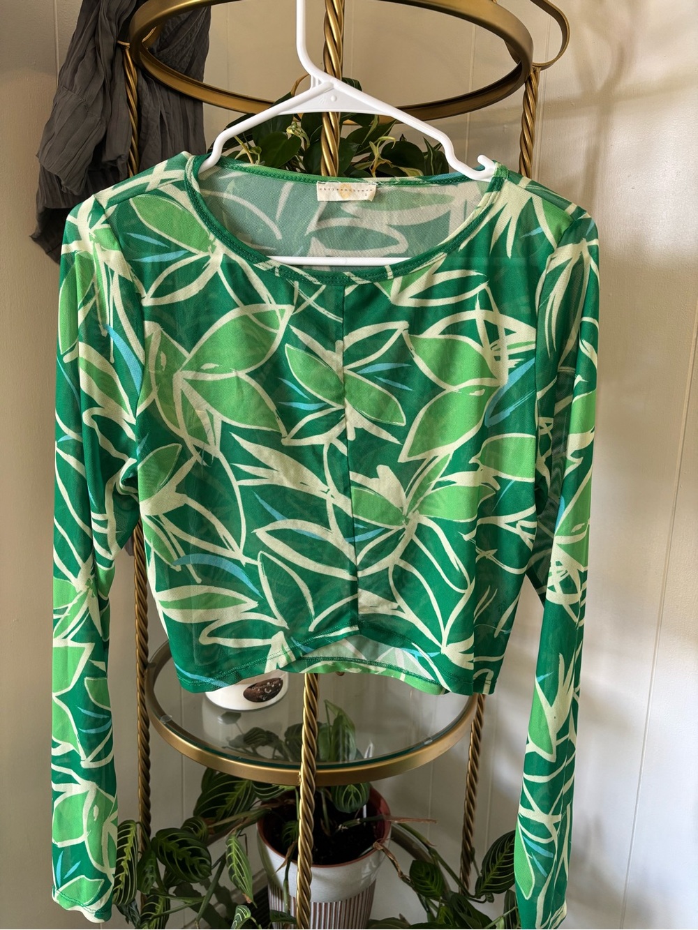 Leaf-Print Green Long Sleeve mesh Crop Top size L